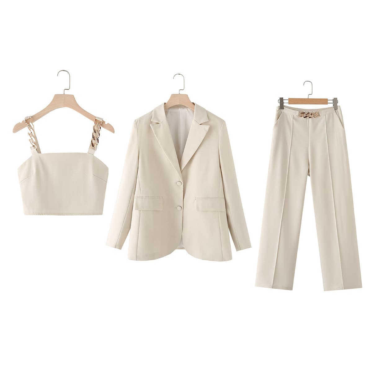 PB&ZA Women's 2025 Summer New Arrival European and American Style Fashion Metal Chain Blazer Long Pants Three-Piece Set
