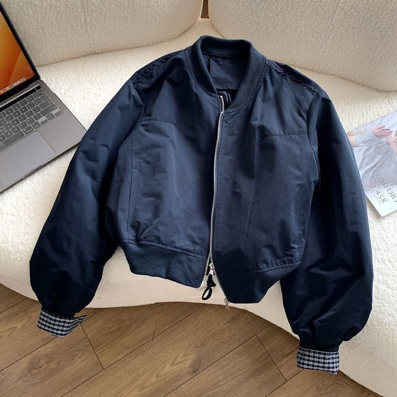 Spring/Autumn New Korean Style Loose Stand Collar Patchwork Plaid Baseball Jacket Women Fashion Casual Versatile Top