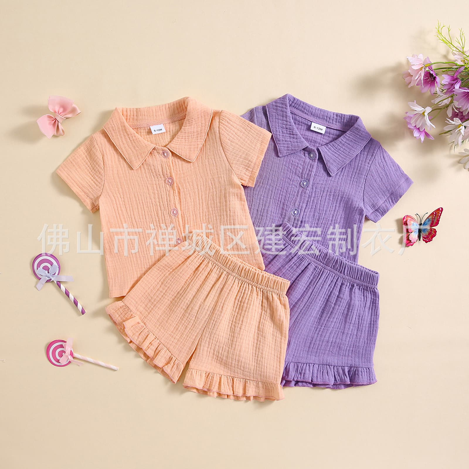 2024 New Cross-Border Hot Selling Bubble Cotton Double-Layer Ruffled Shirt and Shorts Two-Piece Set for Girls