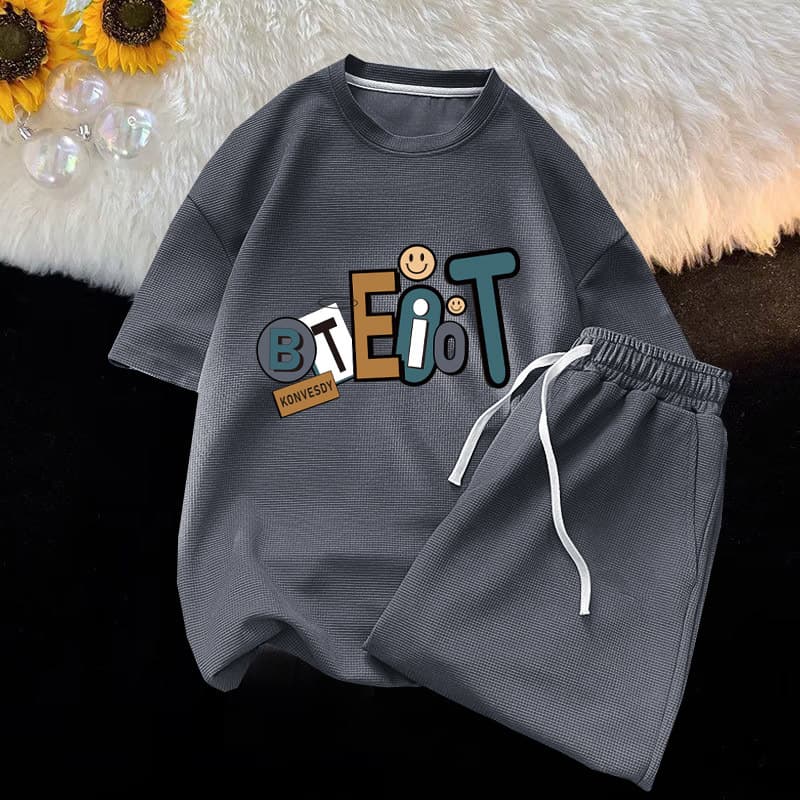 Waffle Two-Piece Set for Men - Summer Thin Breathable Short Sleeve T-Shirt and Stylish Casual Knee-Length Shorts