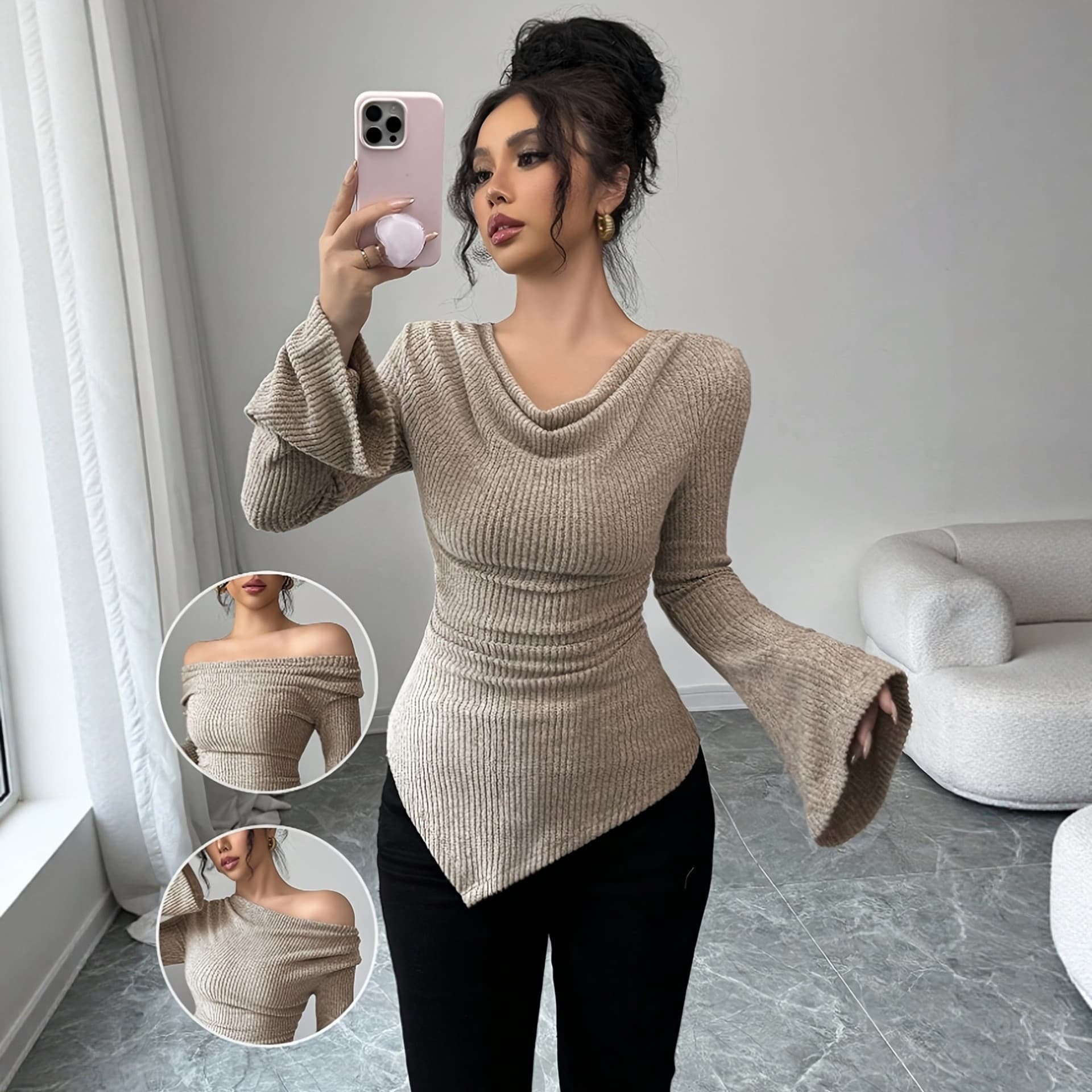 2026 spring new style European and American cross-border women's fitted pit striped sweater off-shoulder trumpet sleeve long-sleeved top