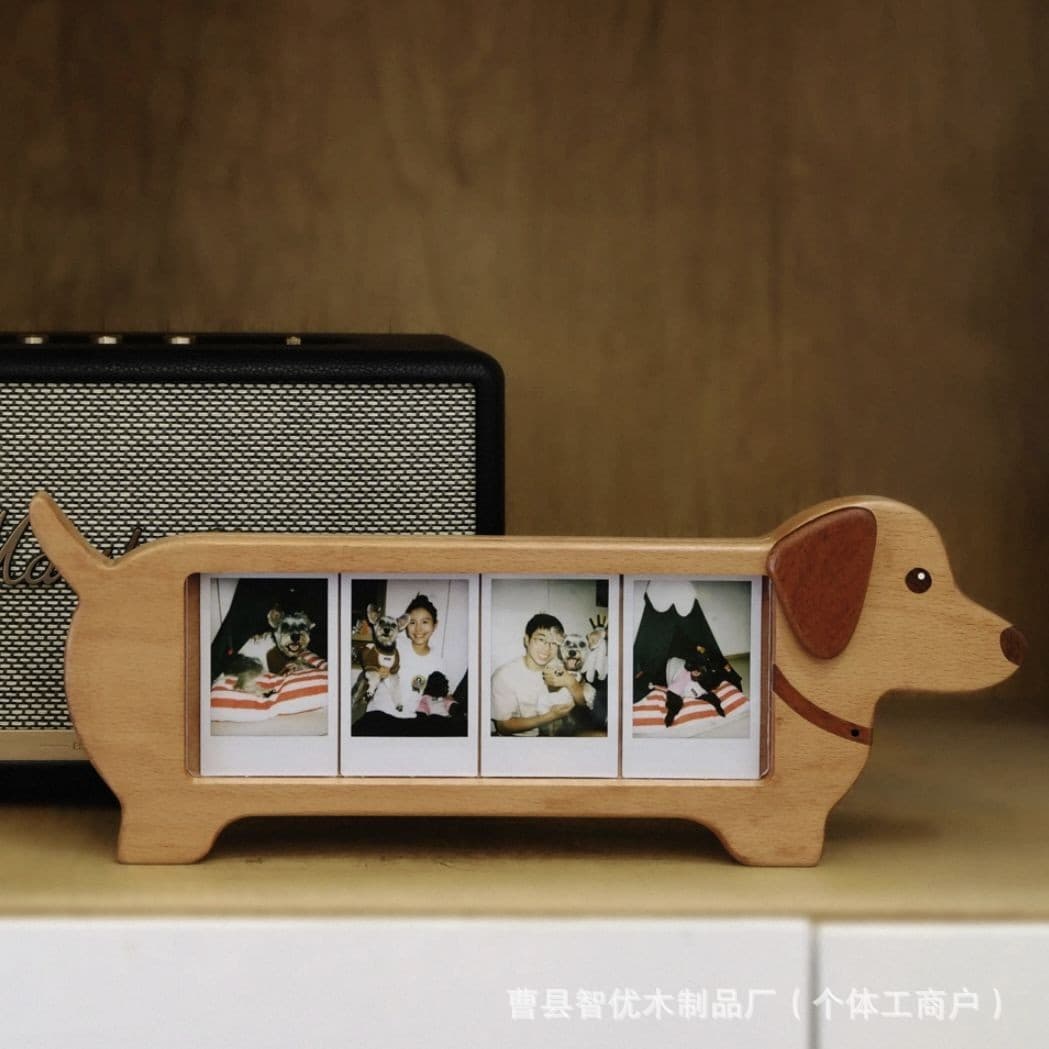 Wooden Cartoon Puppy Memorial Photo Frame Stand, Solid Wood Cute Cat Decorative Photo Frame, Four-Grid Photo Frame Stand