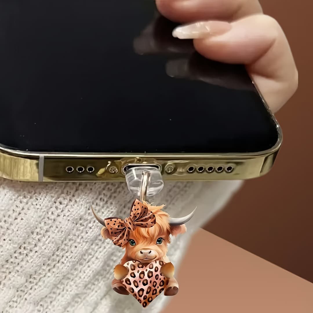 1pc Cute Highland Cow and Heart Pillow 2D Acrylic Phone Dust Plug, Compatible with Type