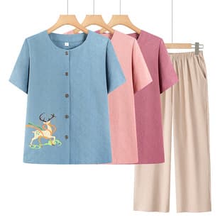 Mother's Summer Cotton Linen Set Short-Sleeve Cardigan Embroidered Top for Elderly Women Breathable Plus Size Two-Piece Thin