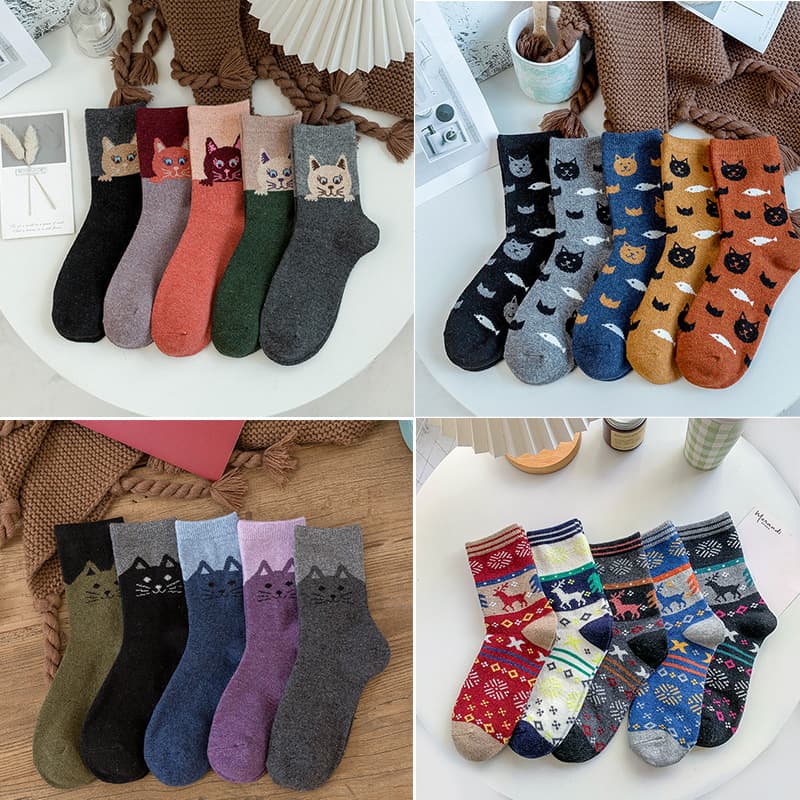 Autumn and Winter Women's Mid-Calf Socks, Cartoon Thickened Warm Ethnic Style Rabbit Wool Socks, Amazon Cross-Border Export