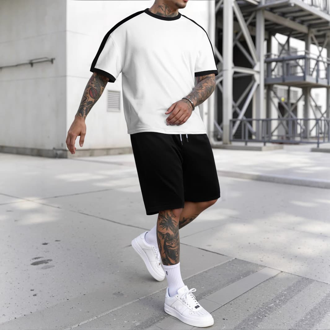 New Summer Cross-Border Plus Size Men's Sports Round Neck T-Shirt Set Color-Block Casual Running Short Sleeve