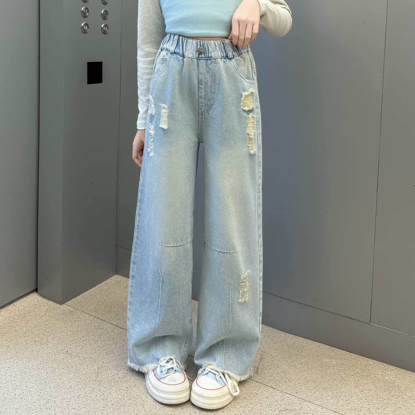 Girls Ripped Jeans Stylish Korean Fringe Wide Leg Pants for Older Girls Spring Autumn Fashion Straight Long Pants Export