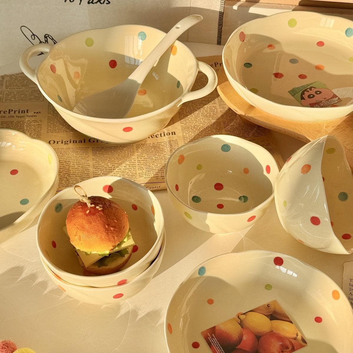 Adorable Polka Dot Ceramic Dinnerware Set - Beautiful Bowls and Plates for One, Home Use Soup Bowl and Rice Bowl