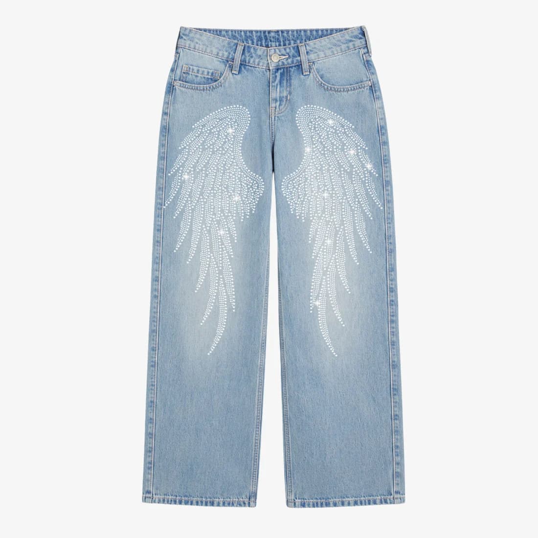 Cross-border European and American Retro High-Waist Washed Distressed Loose Angel Wings Jeans with Rhinestones New Wide-Leg Jeans