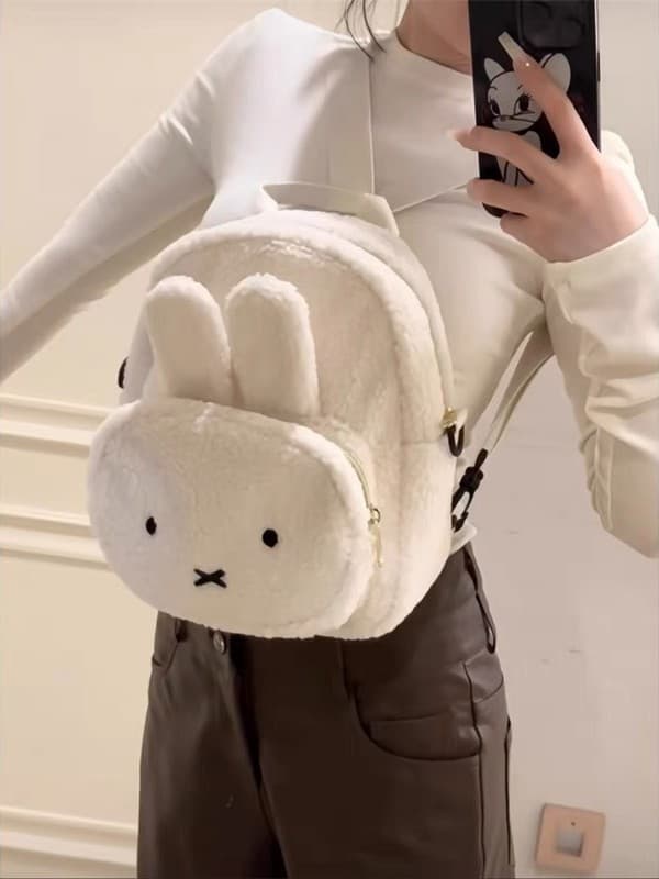 Japanese Autumn Winter New Cartoon Cute Miffy Rabbit Bear Lamb Wool Two-way Backpack Girls Small Bag Backpack
