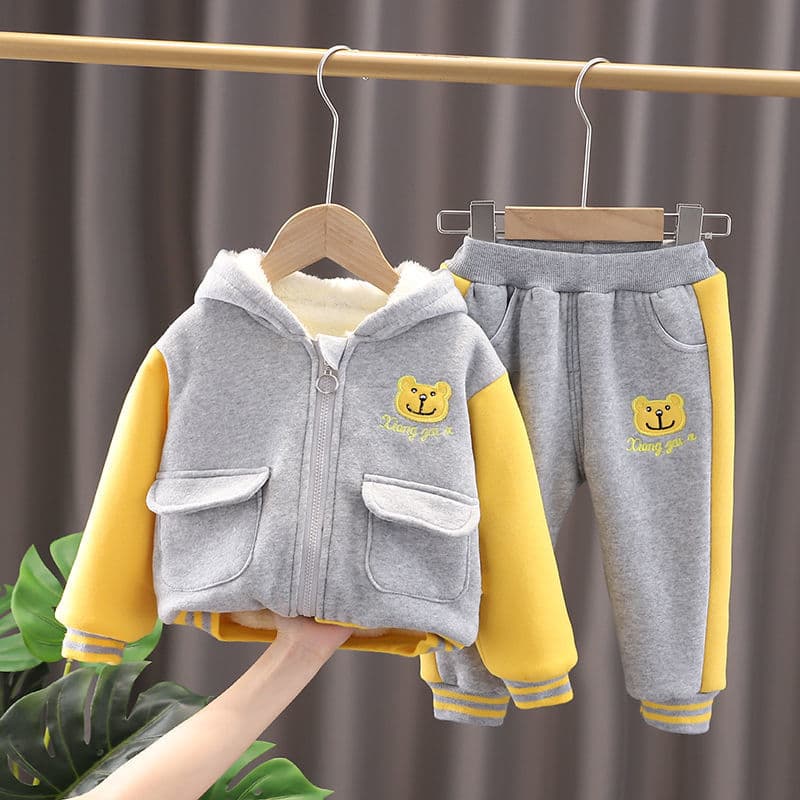 Baby Winter Fleece-Lined Thickened Clothing for Boys, Toddler Winter Outfit, Outdoor Sports Set, Cartoon Hooded Zipper Jacket