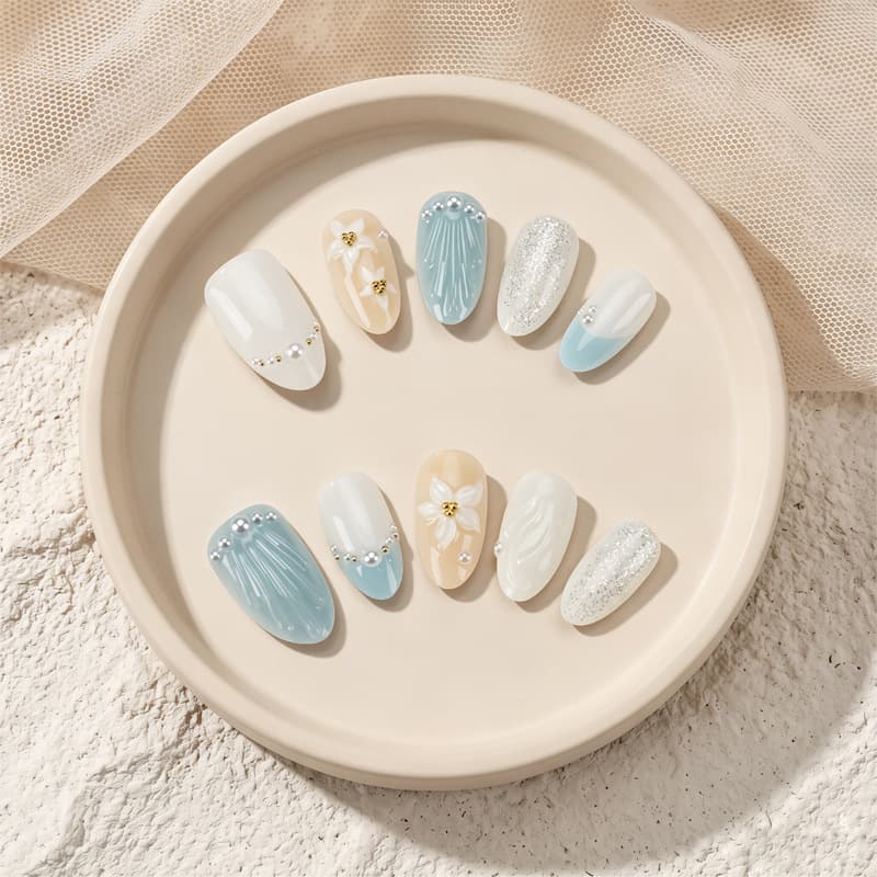 Cross-border handmade nail polish white ice blue orange broken silver code gentle manicure light color healing nude fake nails