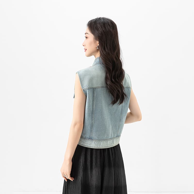 Retro Stylish Diagonal Placket Denim Vest for Women, New Summer Style, Hand-Stitched with Rhinestones, Loose Fit, Slimming Sleeveless Jacket