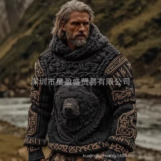 Amazon Independent Site Cross-Border European and American Viking Ethnic Style Men's Hooded Pocketless Casual Printed Sweatshirt