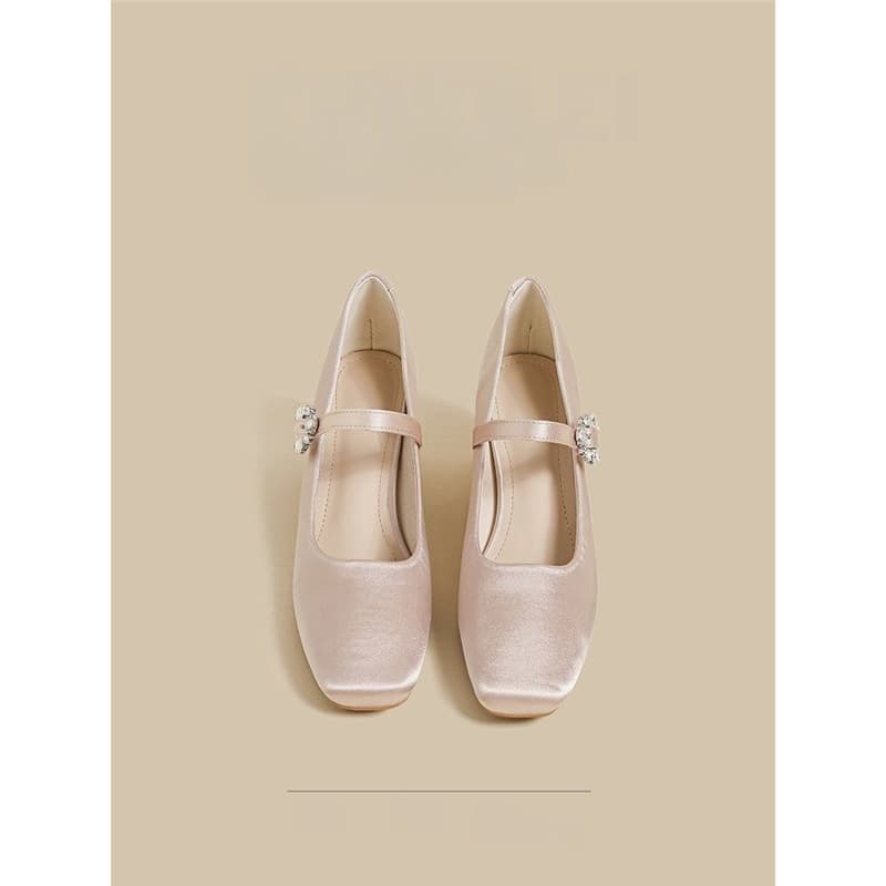 French shallow mouth single shoes for women 2026 summer new style rhinestone one-word temperament satin evening style high-heeled Mary Jane shoes