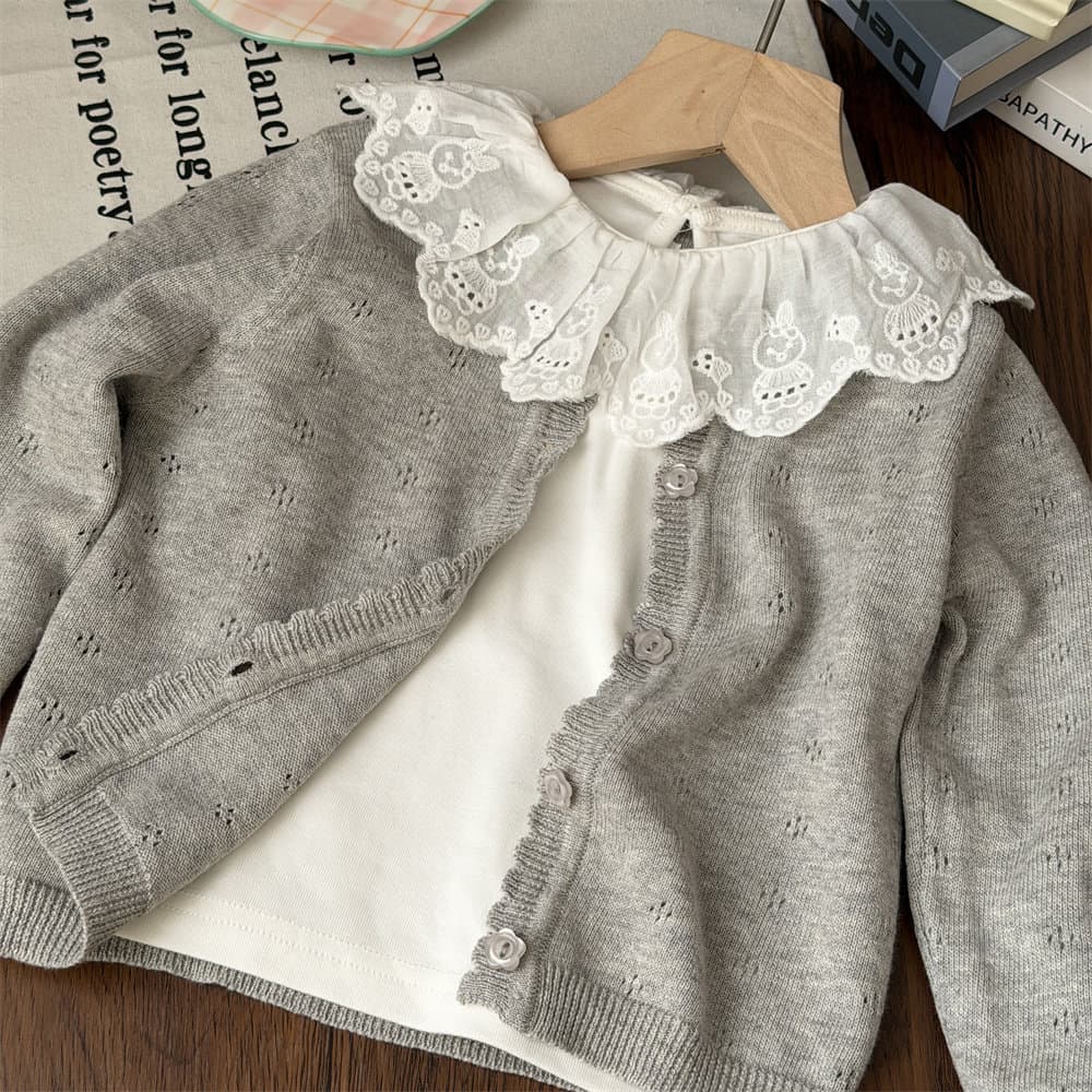 Spring/Autumn Girls Knitted Cardigan Cotton Shawl Kids Sweater Top Toddler Girls Thin Coat Gray