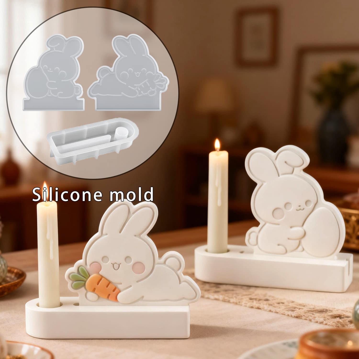 Barbara DIY Easter Bunny Insert Plate Resin Candle Holder Mold Rabbit Ornament Plaster Silicone Mold