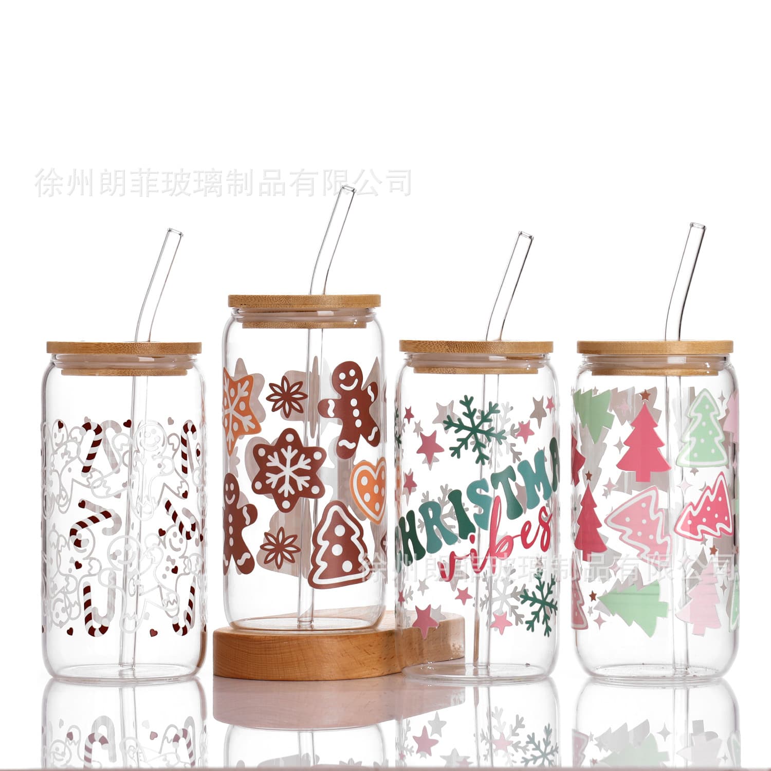 Cross-border Cola Cup High Borosilicate Glass Cup 500ml Bamboo Lid Straw Cup Coffee Cold Drink Mason Jar Printable Pattern