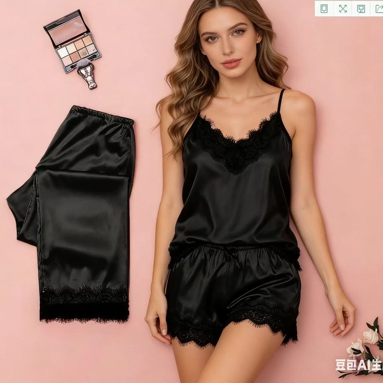 2022 European and American Sexy Three-Piece Sleepwear Set for Women Summer Camisole Silk-Like Plus Size Loungewear Lingerie Wholesale