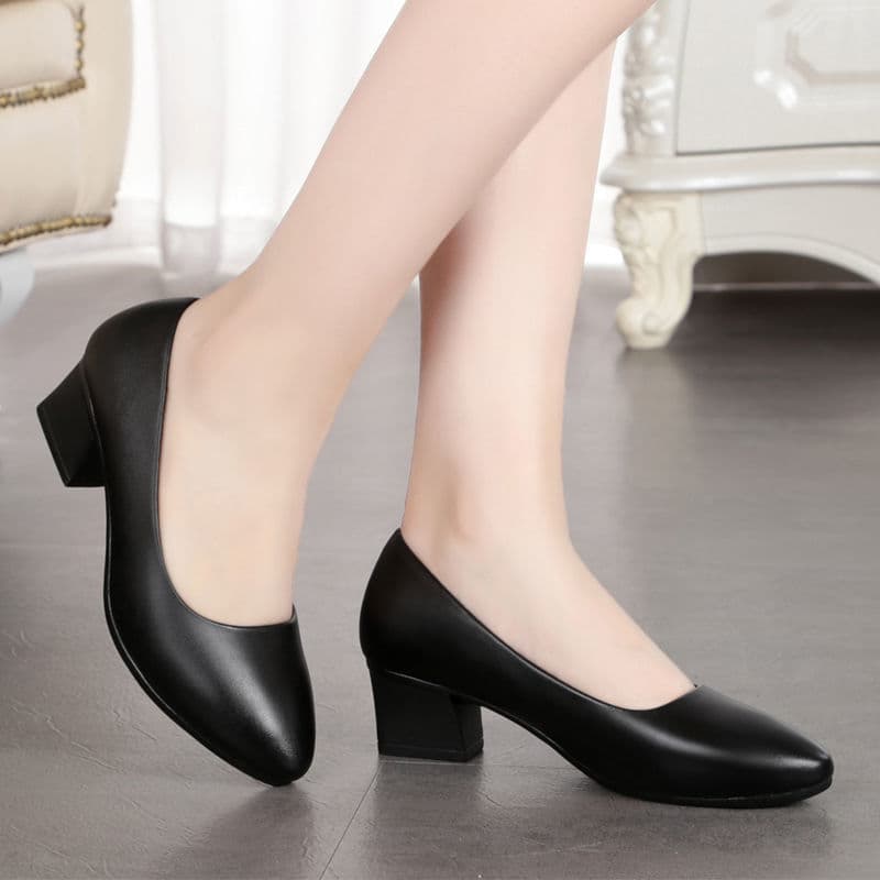 Spring and Autumn Work Shoes Black Professional Women's Low Heel Leather Shoes Women's Mid Heel Workwear Formal Low Heel Flight Attendant Women