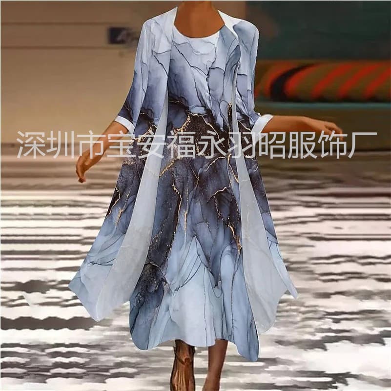 Women's Fashionable Chiffon Printed Round Neck Dress Suit Two-Piece Loose-Fit Autumn Dress by Chinese Brands