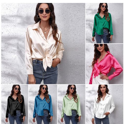 Popular Real Shot Satin Shirt Women's Satin Imitation Silk Long-Sleeved Shirt New Style European and American Foreign Trade Cross-Border Women's Clothing