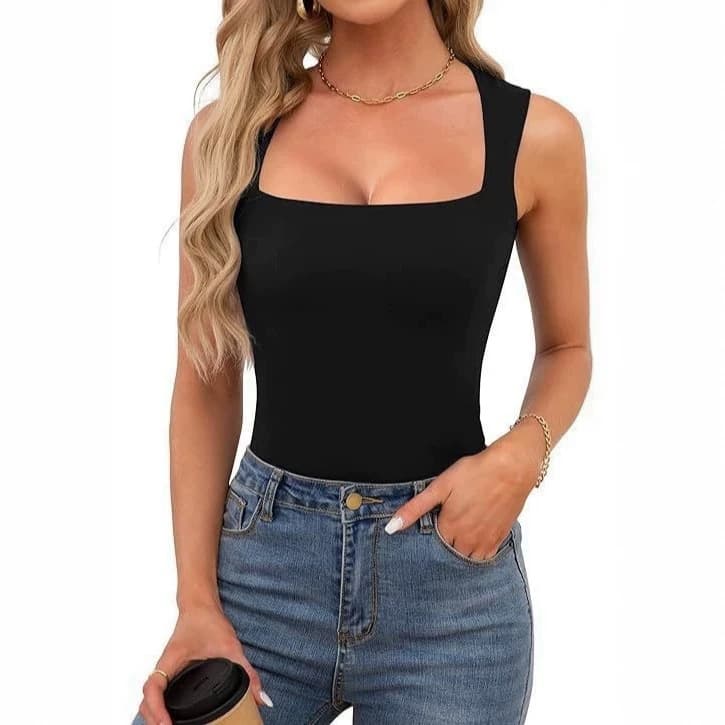 2026 New Amazon Summer Women's Square Neck Sleeveless Double-Layer Vest Basic Fitted T-Shirt