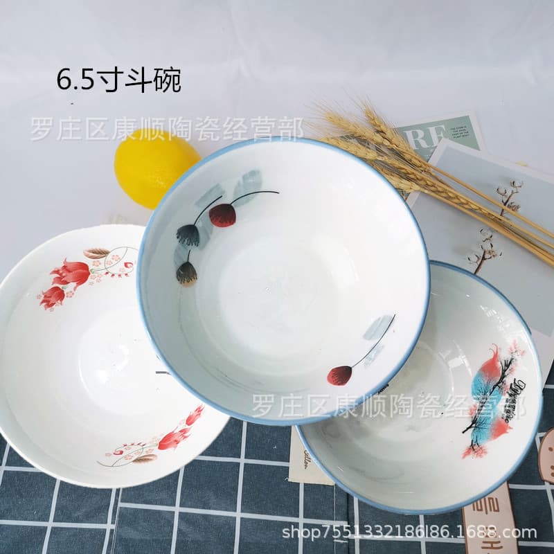 Wholesale Bowls, Ceramic Bowls for Street Stalls, Porridge Bowls for Breakfast Shops, 6.5-Inch Deep Bowls for Home Noodles, Rice Bowls, Braised Pork Bowls