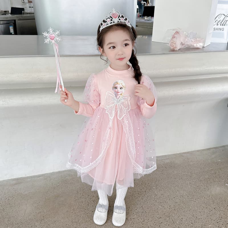Korean style long-sleeved Elsa princess dress for girls, new autumn style 2025, cotton mesh dress, trendy.