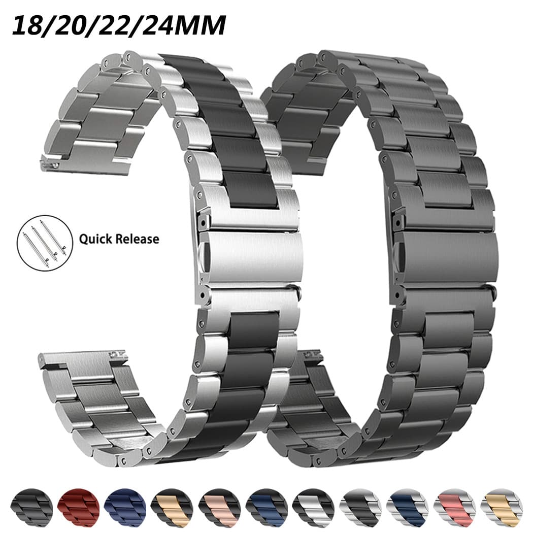 Compatible with Samsung and Huawei Watch Bands - Three-Bar Stainless Steel with Quick-Release Metal Strap for Smartwatch