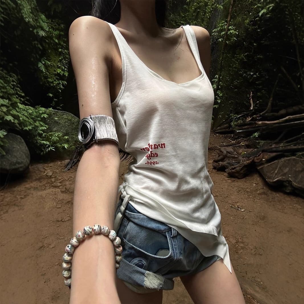[260g Rayon Modal] American Retro Letter Camisole Summer Slim Fit Versatile Sleeveless Top
