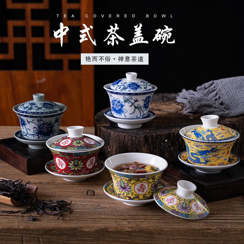 Ceramic Lidded Bowl Tea Cup with Yellow Double Dragons Kung Fu Tea Set, Large Blue and White Porcelain Three-Talent Lidded Bowl, Custom Logo Color Available