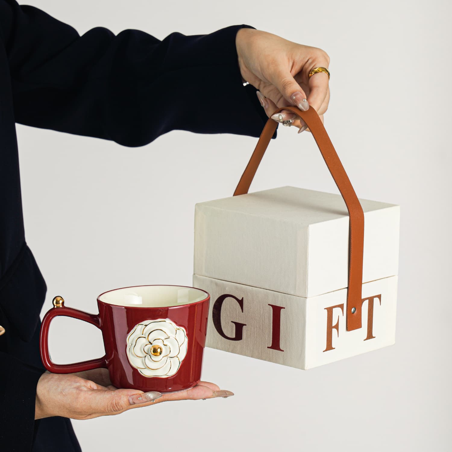 Gold-rimmed Red and Black Camellia Gift Box Ceramic Mug Coffee Cup Wedding Cup