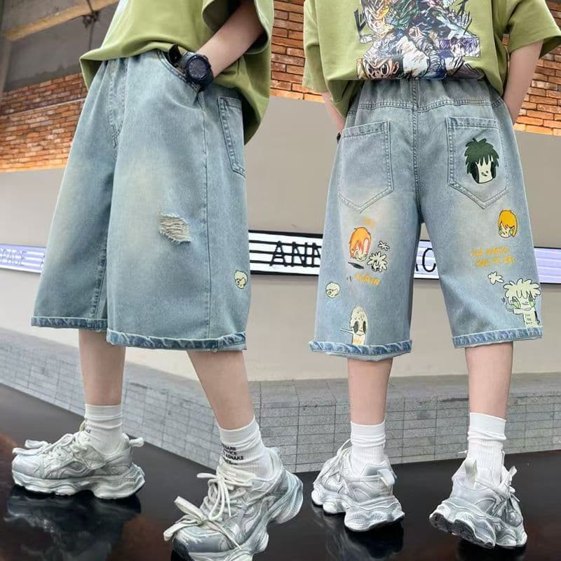 Loose Thin Boys' Shorts Summer Children's Outerwear Knee-Length Cartoon Print Comfortable Breathable Kids' Jeans Mid-Tall Size
