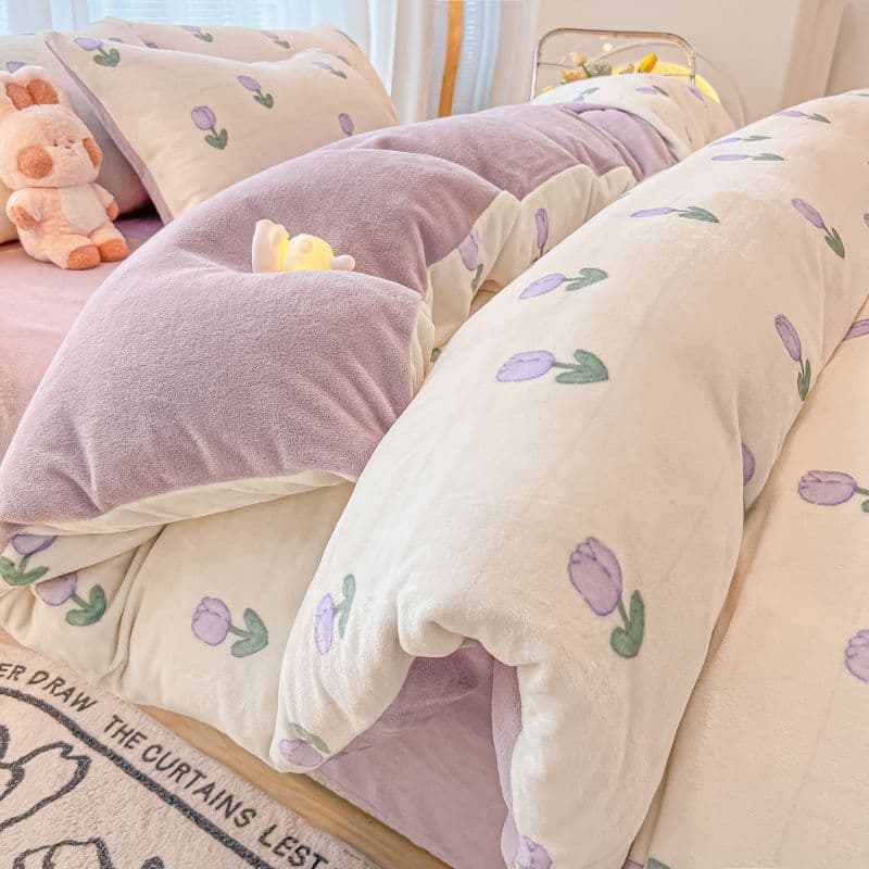 Winter Double-Sided Milk Fleece Bedding 4-Piece Set Thick Warm Coral Flannel Duvet Cover Dormitory Sheet 3-Piece Set