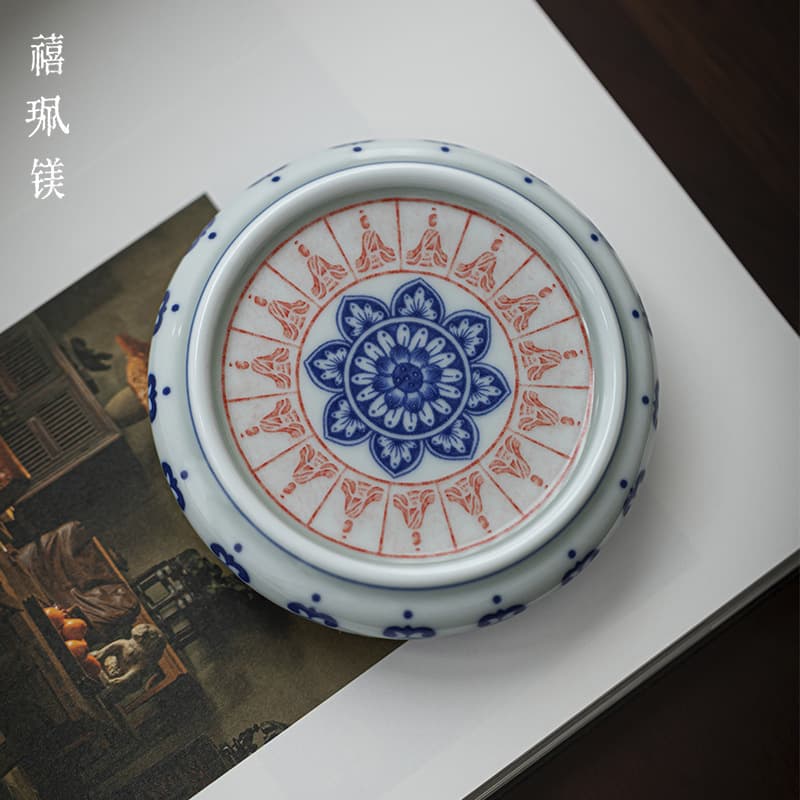 Xipeimei Dunhuang Thousand Buddha Ceramic Lid Rest, Blue and White High-Temperature Underglaze Purple Clay Pot Lid Holder, Tea Table Top Coaster Accessories