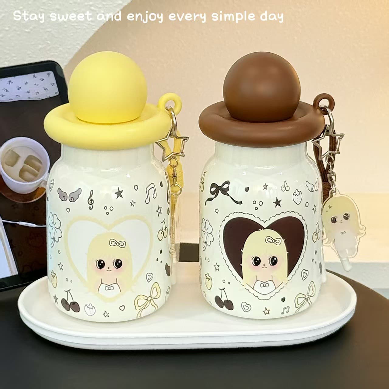 Retro sweet girl style cartoon little girl thermos cup with bow cherry print student daily sealed straw cup