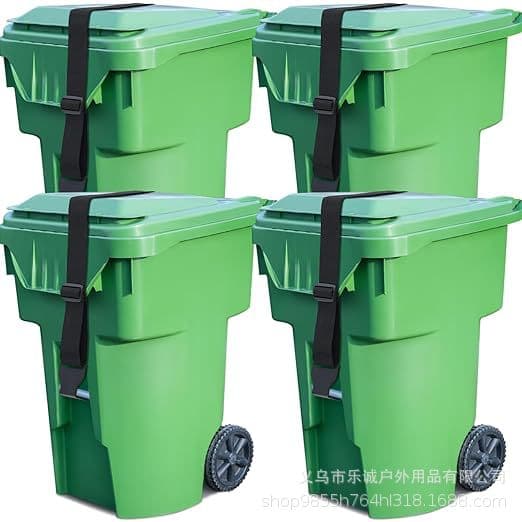Outdoor adjustable trash bin security straps, elastic lid fasteners, specialized sanitation accessories