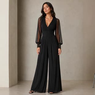 European-American Style Black V-Neck Mesh Long-Sleeve Jumpsuit Women's Waist-Cinching Beaded Wide-Leg Formal Jumpsuit Evening Party Elegant