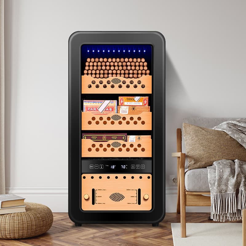 Qielong 48HC Constant Temperature and Humidity Cigar Cabinet with Cedar Wood Shelves, Compressor Refrigeration, Stylish Curved Design, Home Use, Quiet Operation
