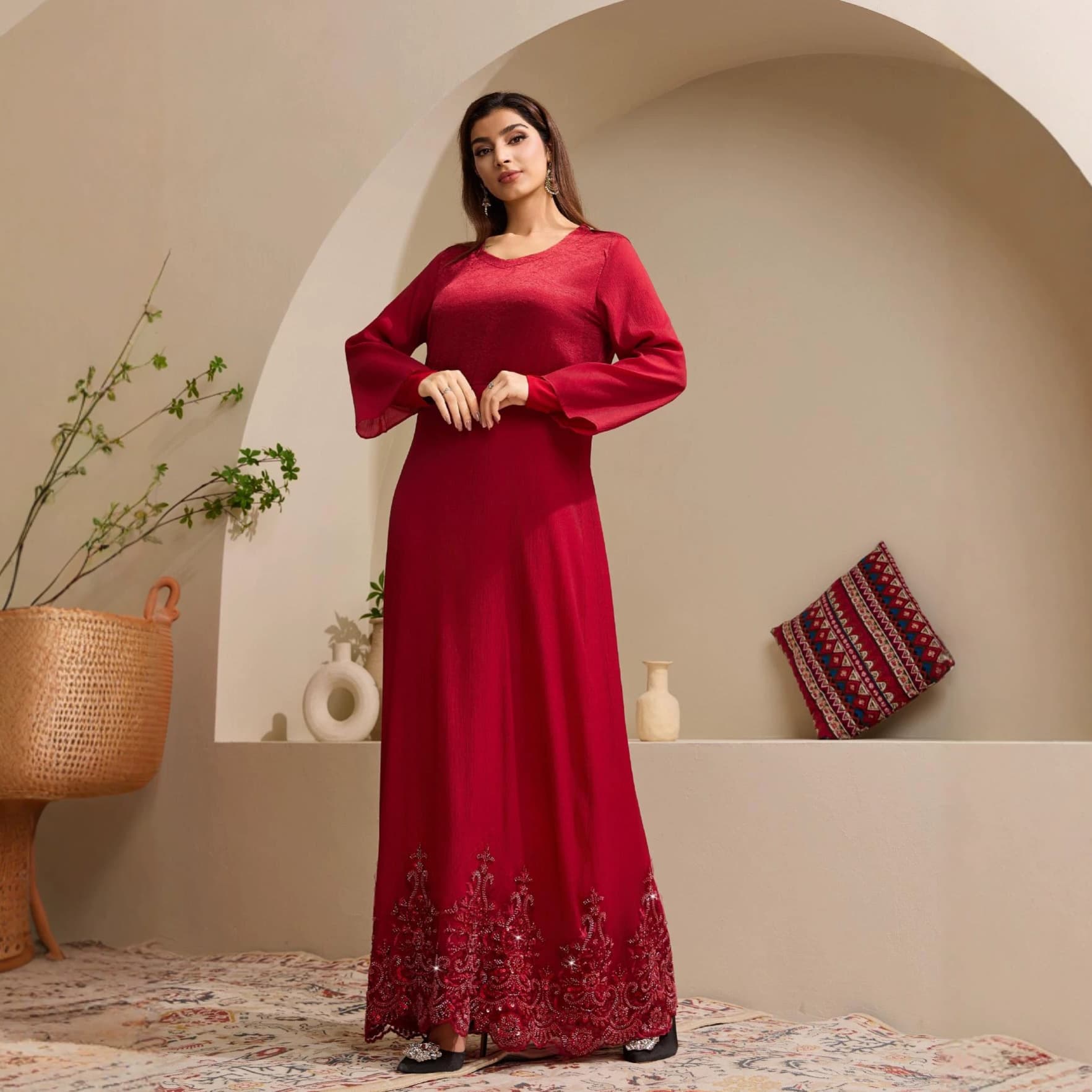 UNI015 New Round Neck Long Sleeve Dress with Rhinestone Hem Women's Maxi Dress