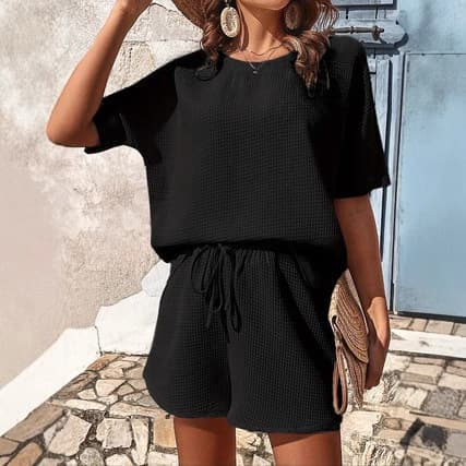 European and American Cross-Border Summer Solid Color Women's Set: Round Neck T-Shirt and Shorts Casual Two-Piece Set with Faux Drawstring Pants