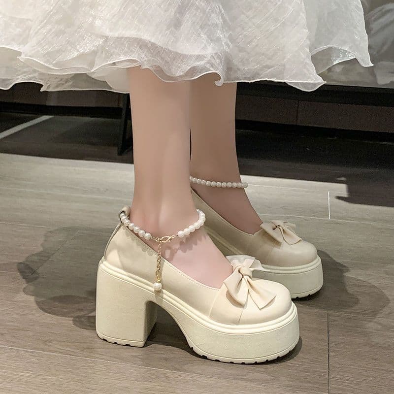 Mary Jane shoes for women, new spring 2023, fashionable high-heeled platform shoes with bow, chunky heel, pearl design, perfect for pairing with skirts.