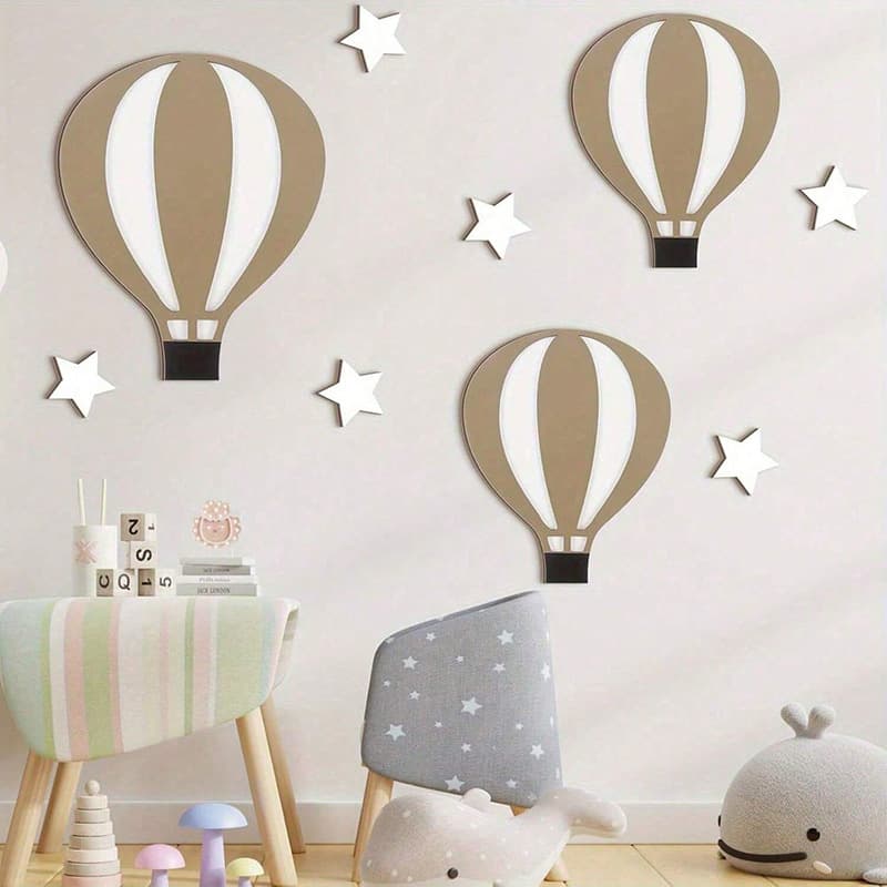 9-Pack Wooden Hot Air Balloon and Star Wall Self-Adhesive Decorations for Bedroom/Living Room/Hallway Wall Decor