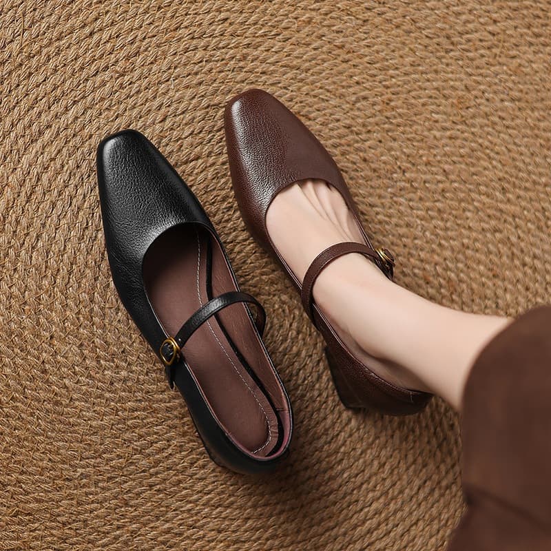 Vintage Round Toe Sheepskin Chunky Heel Mary Jane Shoes for Women Spring Autumn New Style Low Heel Cross-Strap Shoes for Export