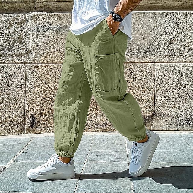 2025 Men's Linen Pants Elastic Cuff Solid Color Comfortable Breathable Casual Daily Vacation Fashion Black White Work Pants