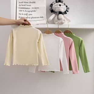 New Girls' Base Layer Top for Fall/Winter, Kids' Trendy Ruffle-Trim Solid Long-Sleeve T-Shirt, Versatile Top for Older Kids