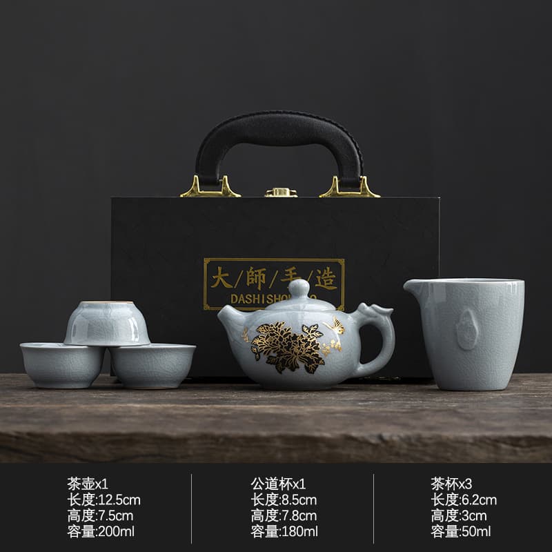 National Trend Color-Changing Ru Kiln Tea Set with One Pot, Three Cups, and Canister - Portable Outdoor Tea Set Complete Gift