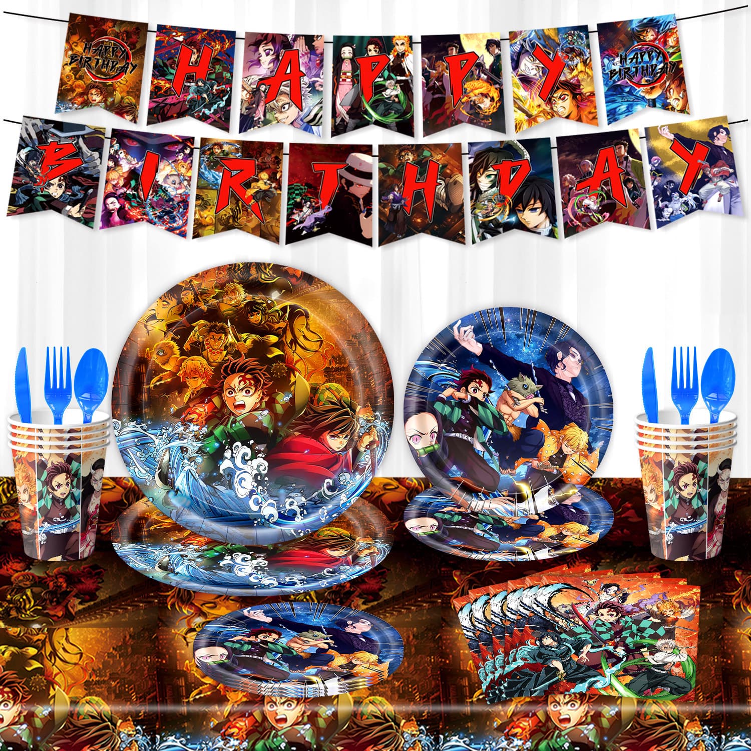 Cross-border New Model Demon Slayer Themed Birthday Party Decorations, First-Year Gift Arrangement, Atmosphere Props, Paper Plates and Flags