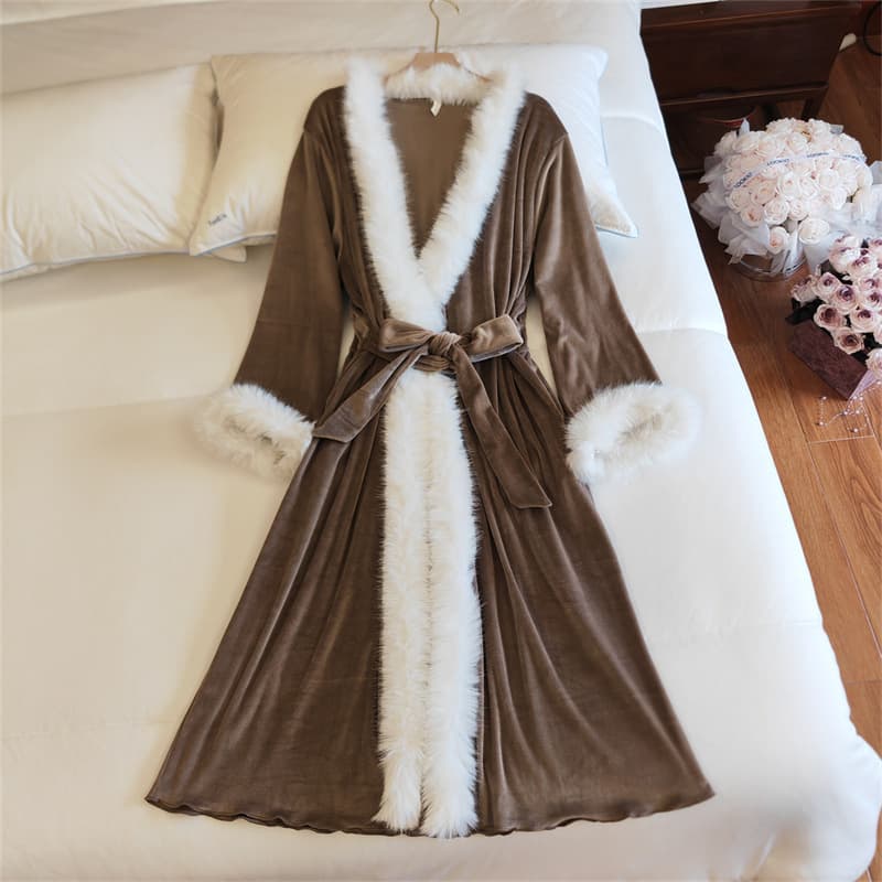 Women's Bathrobe Spring Autumn Winter Mid-Length Sexy Nightgown New Fleece-Lined Warm Polka Dot Robe Loungewear